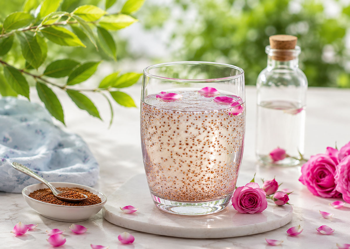 نوشیدنی خاکشیر و گلاب برای مصرف در روزهای گرم