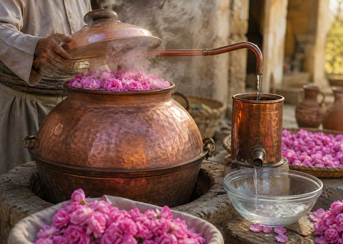 فرآیند گلاب گیری سنتی با گل محمدی و دیگ مسی