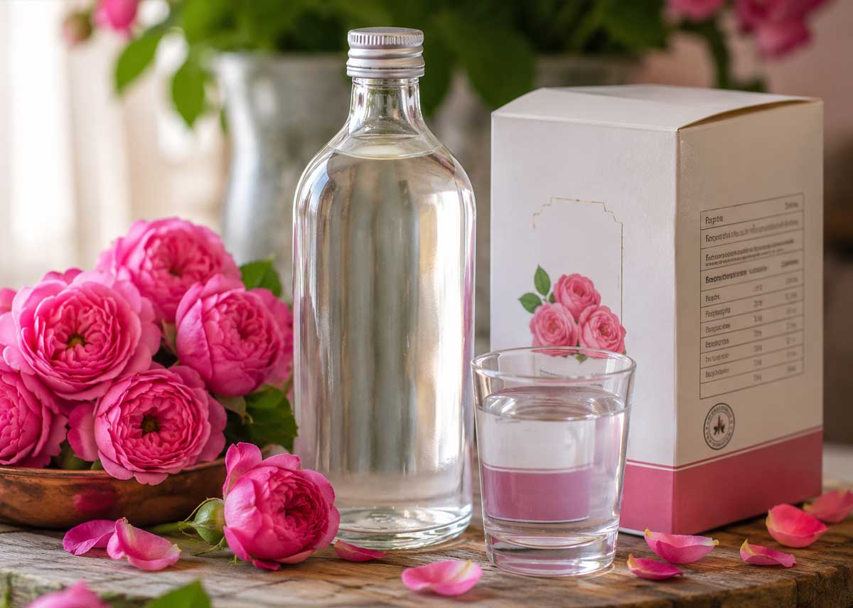 گلاب اصل در بطری شیشه ای در کنار گل محمدی